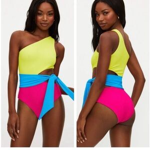 Beach Riot Carly Ribbed One-piece Neon Yellow Pink Blue - Size L - NWOT